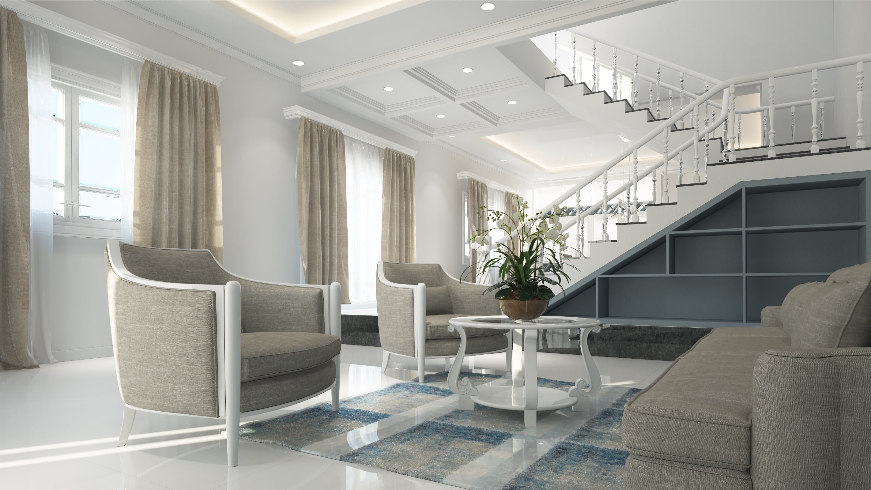 Salon avec escalier et rangements sous l'escalier