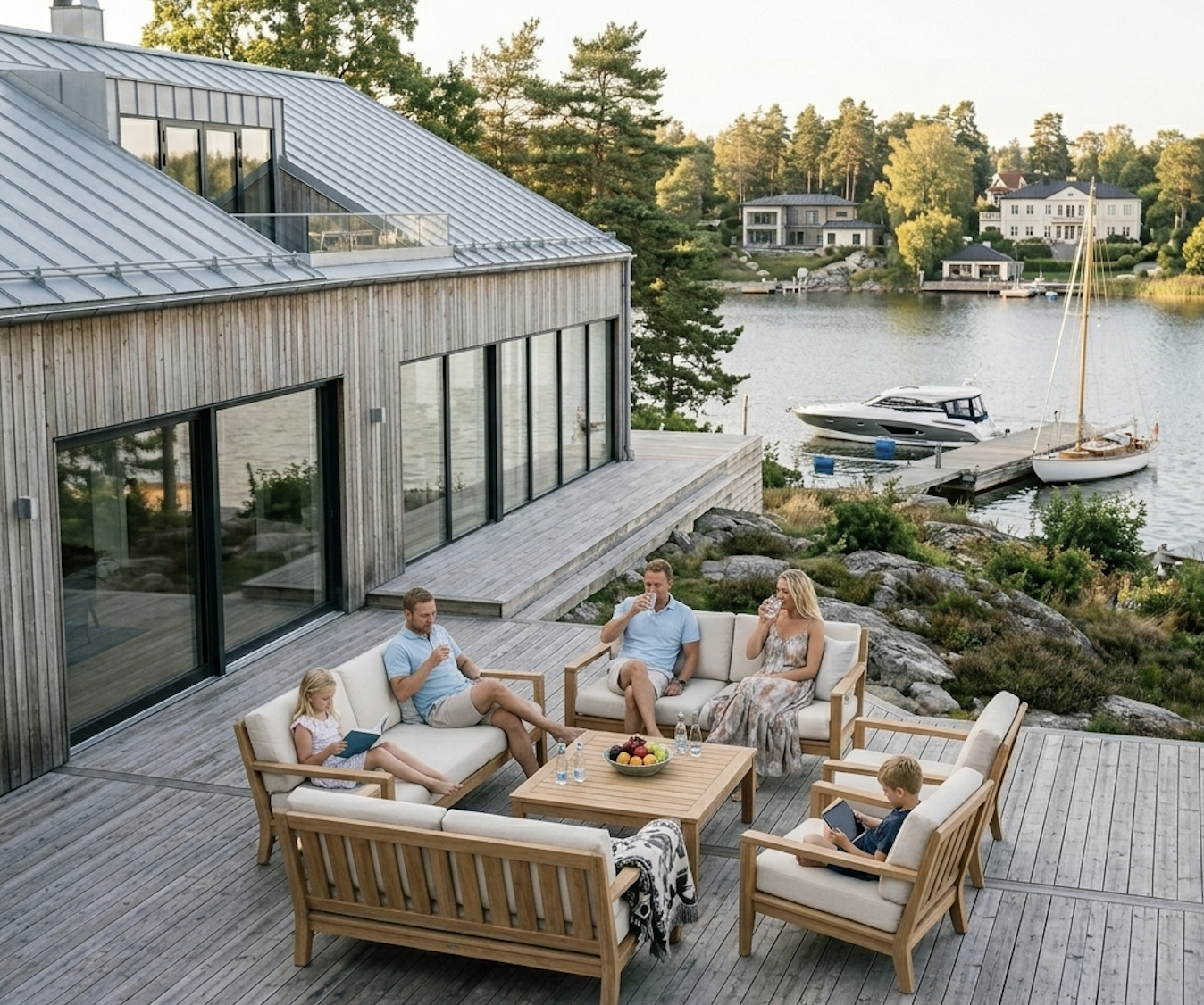 Familj på rengjord uteplats i Österskär