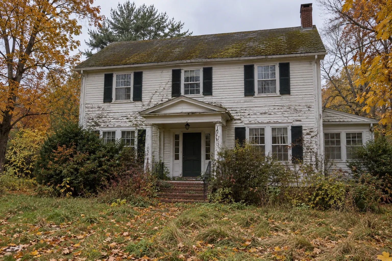 An empty two-story colonial house with peeling paint and a sagging porch