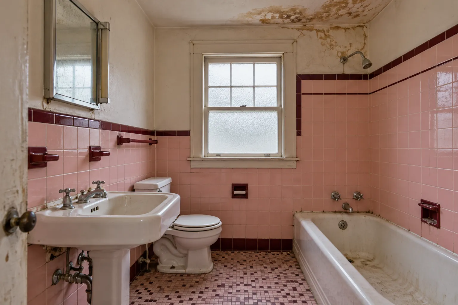 A 1950s bathroom with pink tile and a water-stained ceiling