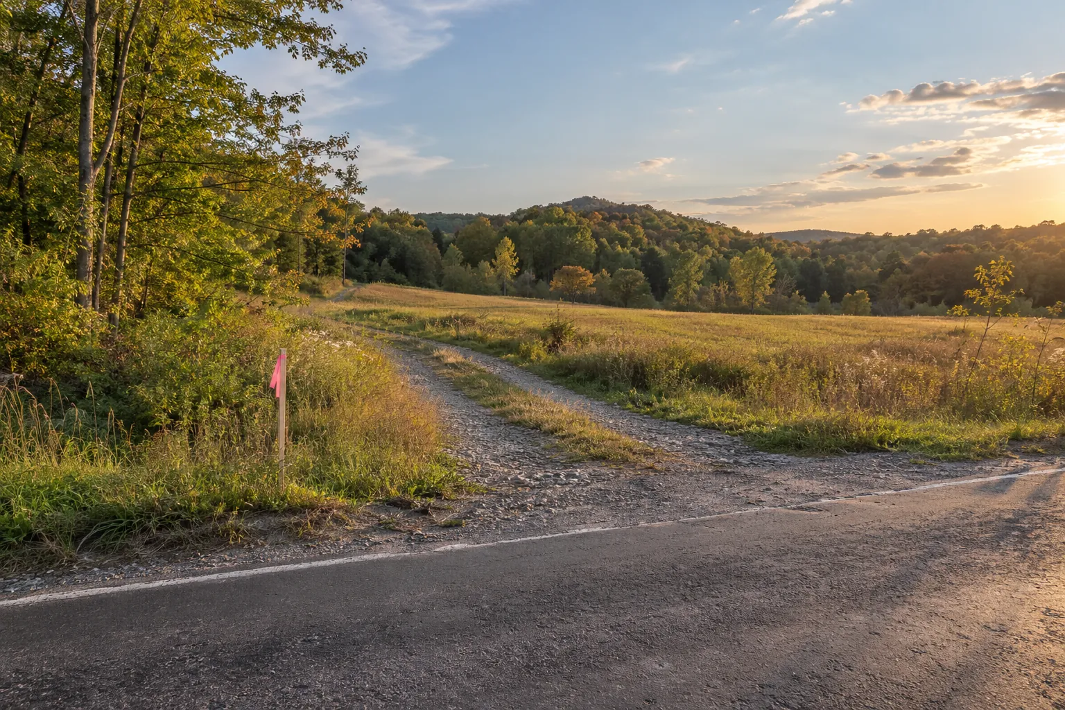 Open rural land with a gravel track and a survey stake in the foreground