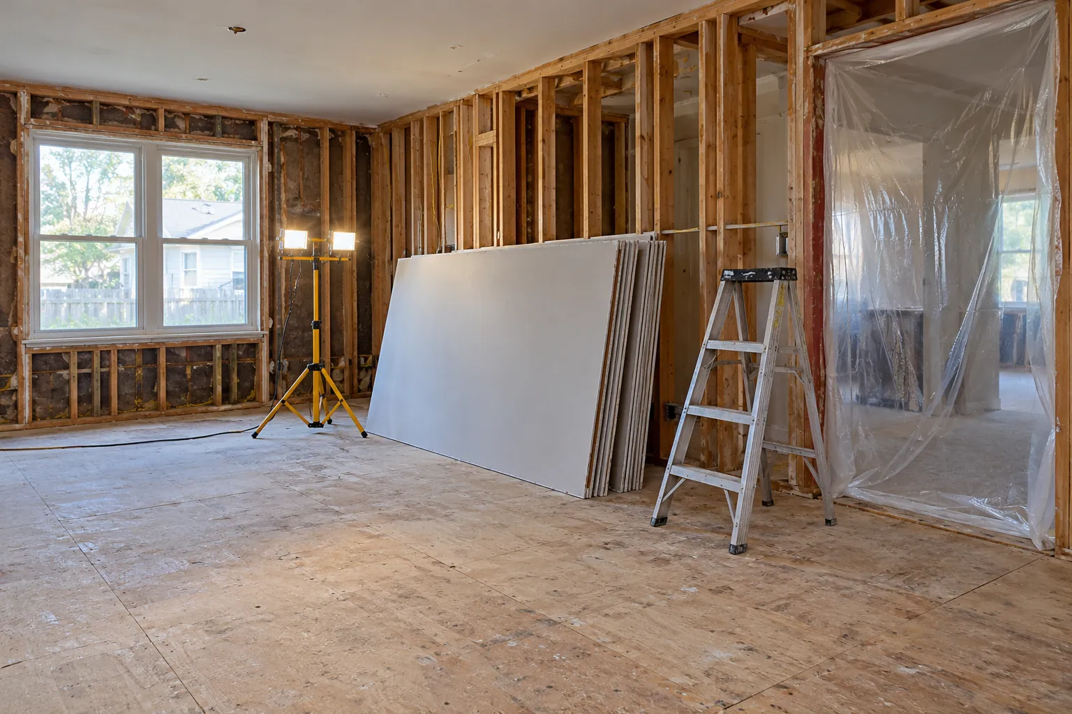 A house mid-renovation with exposed studs and new drywall