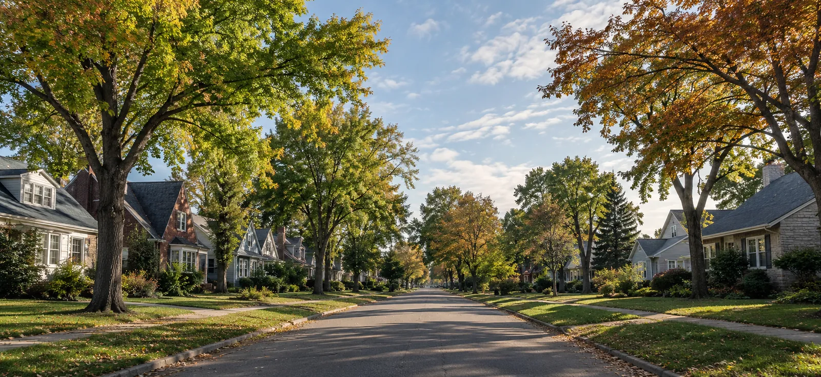 A quiet residential street in early autumn