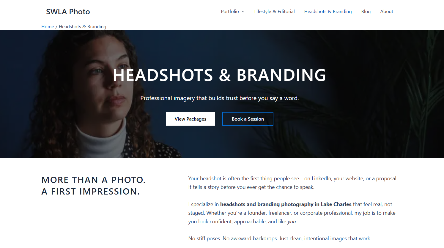 Headshots and branding photography page on SWLA Photo’s website showing professional portraits and booking options for Lake Charles business owners.
