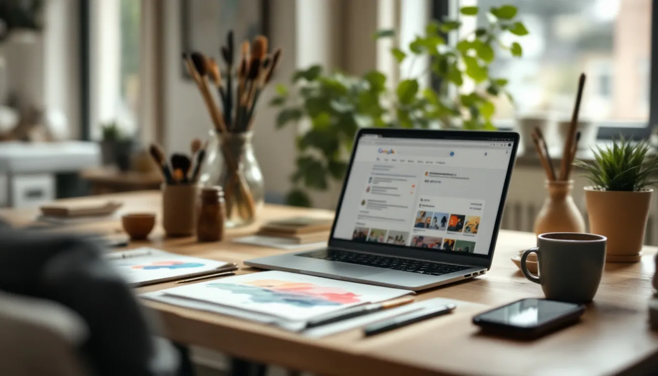 A warm, inviting workspace scene showing an artist's desk with a laptop open to a Google search results page displaying artwork