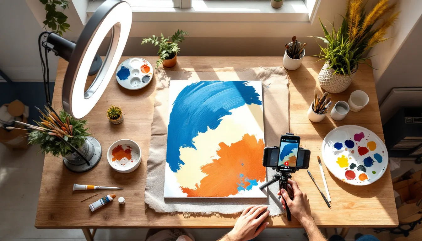 verhead view of an artist workspace with an abstract painting in progress, paint palettes, brushes, ring light, and smartphone recording content creation for social media in a bright modern studio.