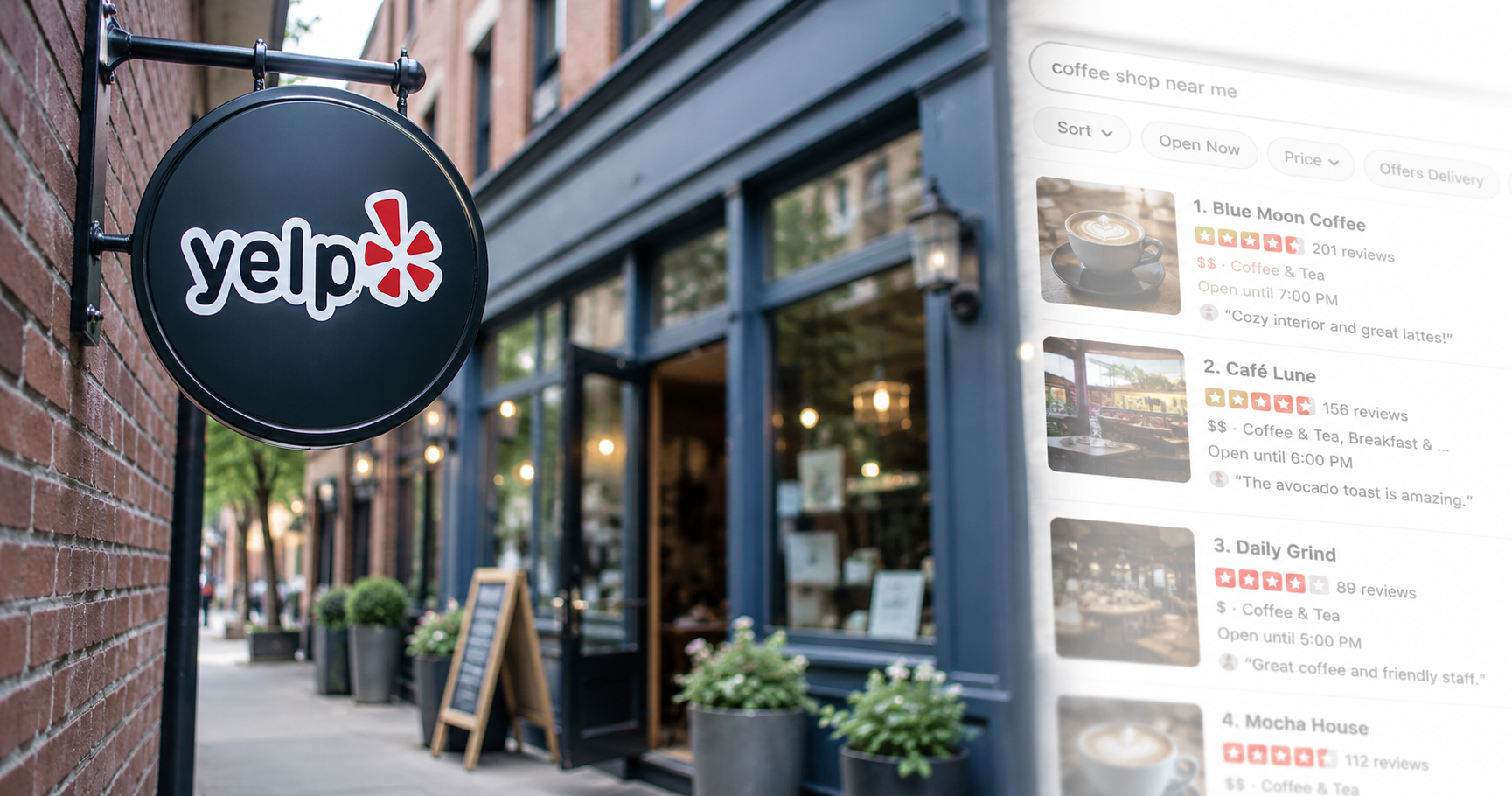 Yelp logo displayed outside a local storefront with Yelp search results overlay, representing how small businesses can increase visibility and attract customers through Yelp listings. Yelp logo displayed outside a local storefront with Yelp search results overlay, representing how small businesses can increase visibility and attract customers through Yelp listings.