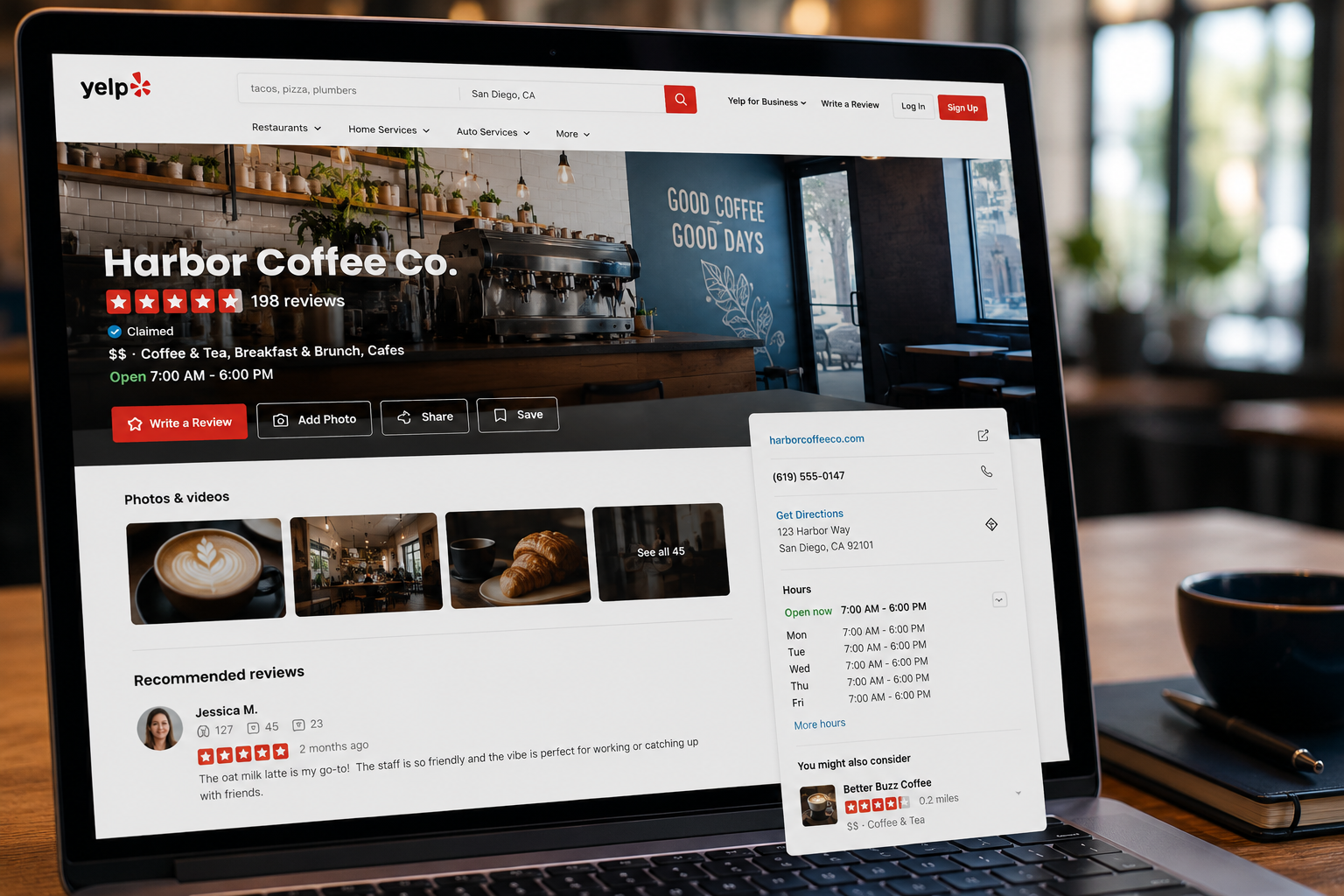 Example Yelp business profile showing business photos, customer reviews, operating hours, service details, contact information, and a complete listing optimized for local search visibility. Example Yelp business profile showing business photos, customer reviews, operating hours, service details, contact information, and a complete listing optimized for local search visibility.