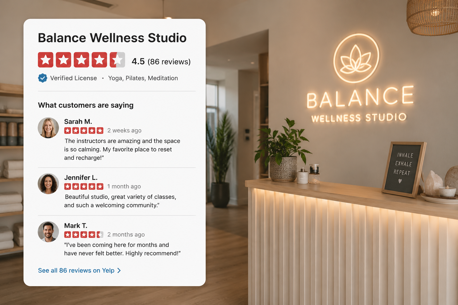 Wellness studio reception area with a customer review panel displaying five-star ratings, positive client feedback, and overall review score, illustrating the impact of online reviews on local businesses. Wellness studio reception area with a customer review panel displaying five-star ratings, positive client feedback, and overall review score, illustrating the impact of online reviews on local businesses.