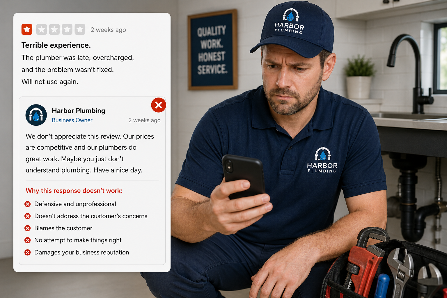 Plumber reading a one-star customer review next to an example of a defensive review response, demonstrating how poor review management can damage a business's online reputation. Plumber reading a one-star customer review next to an example of a defensive review response, demonstrating how poor review management can damage a business's online reputation.