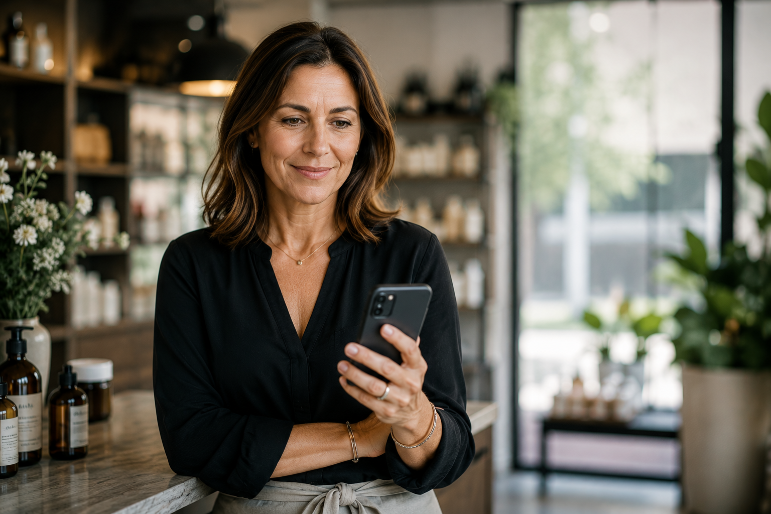Small business owner standing at a boutique counter, smiling while reading a positive customer review on her smartphone in a bright, welcoming retail environment. Small business owner standing at a boutique counter, smiling while reading a positive customer review on her smartphone in a bright, welcoming retail environment.