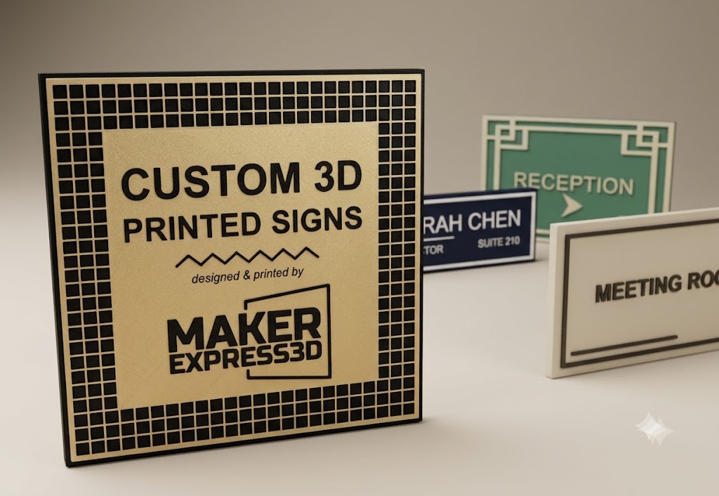 Show case photo of custom 3d printed signs showing a variety of uses Show case photo of custom 3d printed signs showing a variety of uses