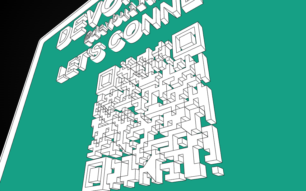 Extreme close-up of the 3D printed affiliate card showing each QR module raised in relief above the teal plate, proving the code is moulded rather than printed on