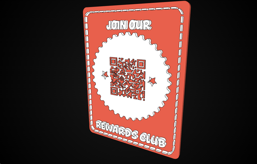 3D printed coral loyalty plaque reading Join Our Rewards Club, with a scannable QR code raised in coral on a white scalloped badge and a dashed white border