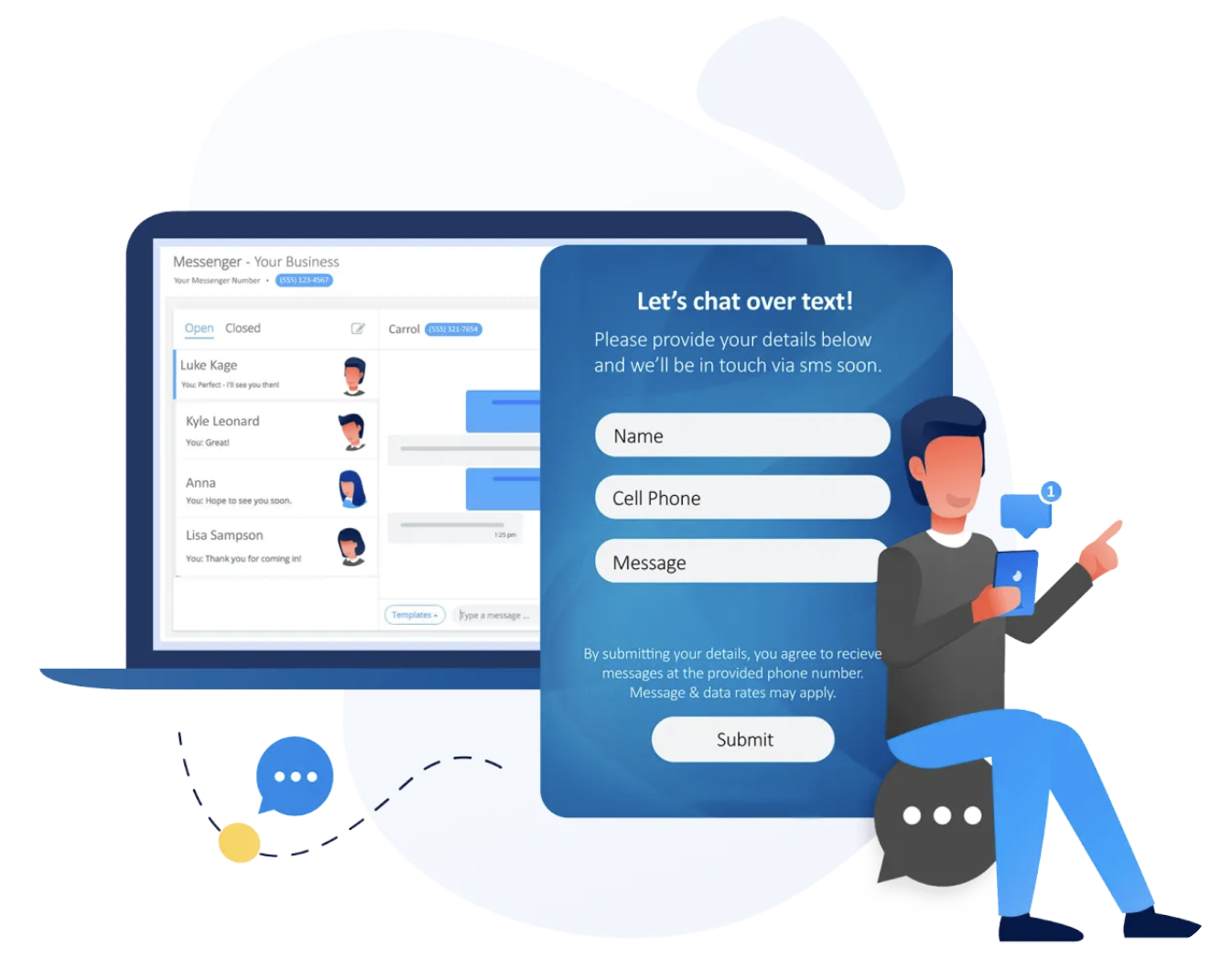 Website chat widget inviting a visitor to continue the conversation by text