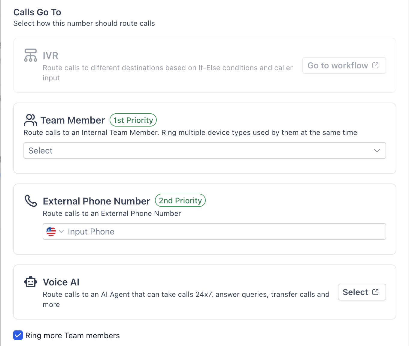 Call routing settings sending one business number to a team member, an external phone, or a voice AI