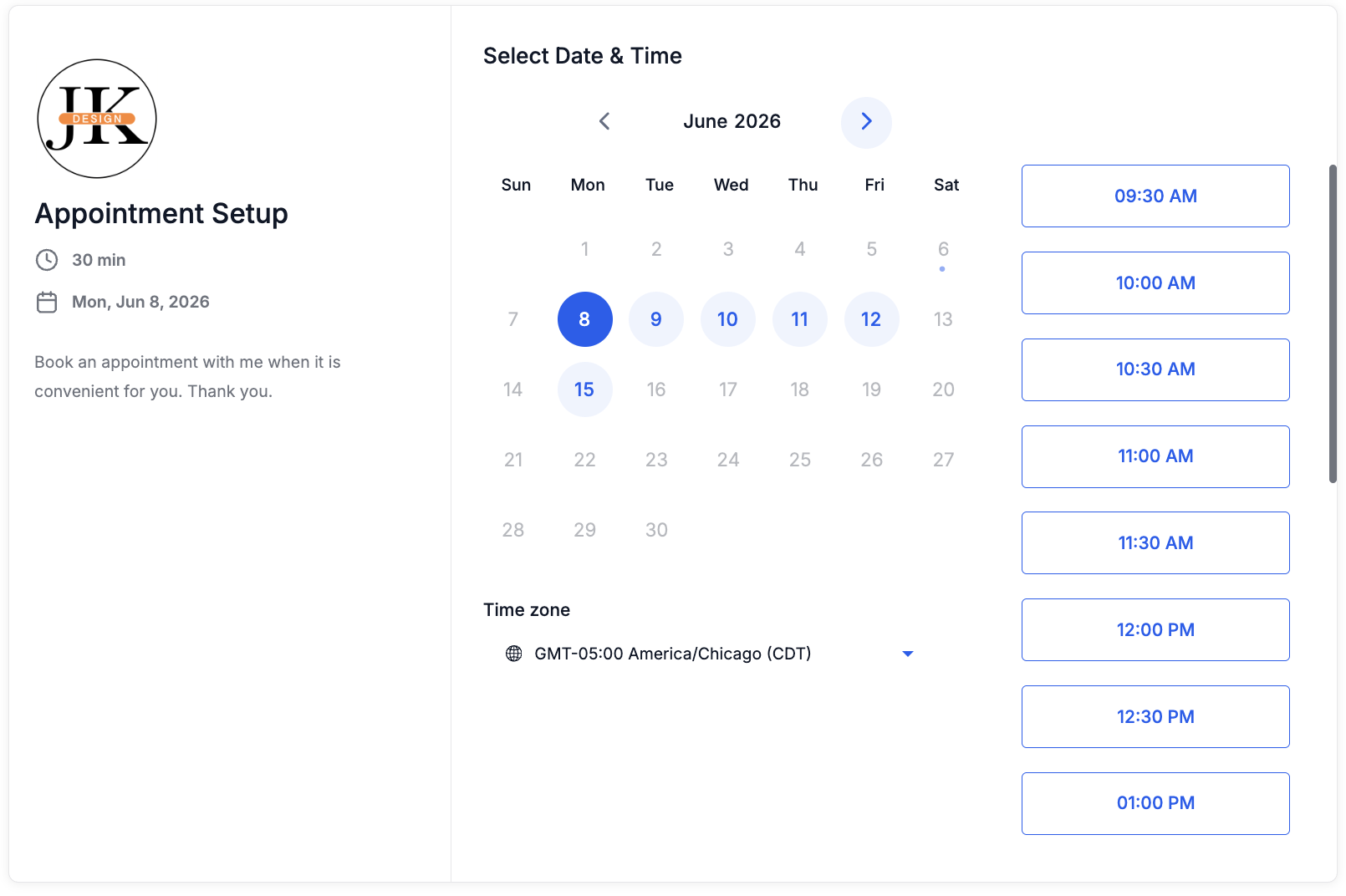 Jared K Design online booking page showing a June calendar and open appointment times a customer can pick