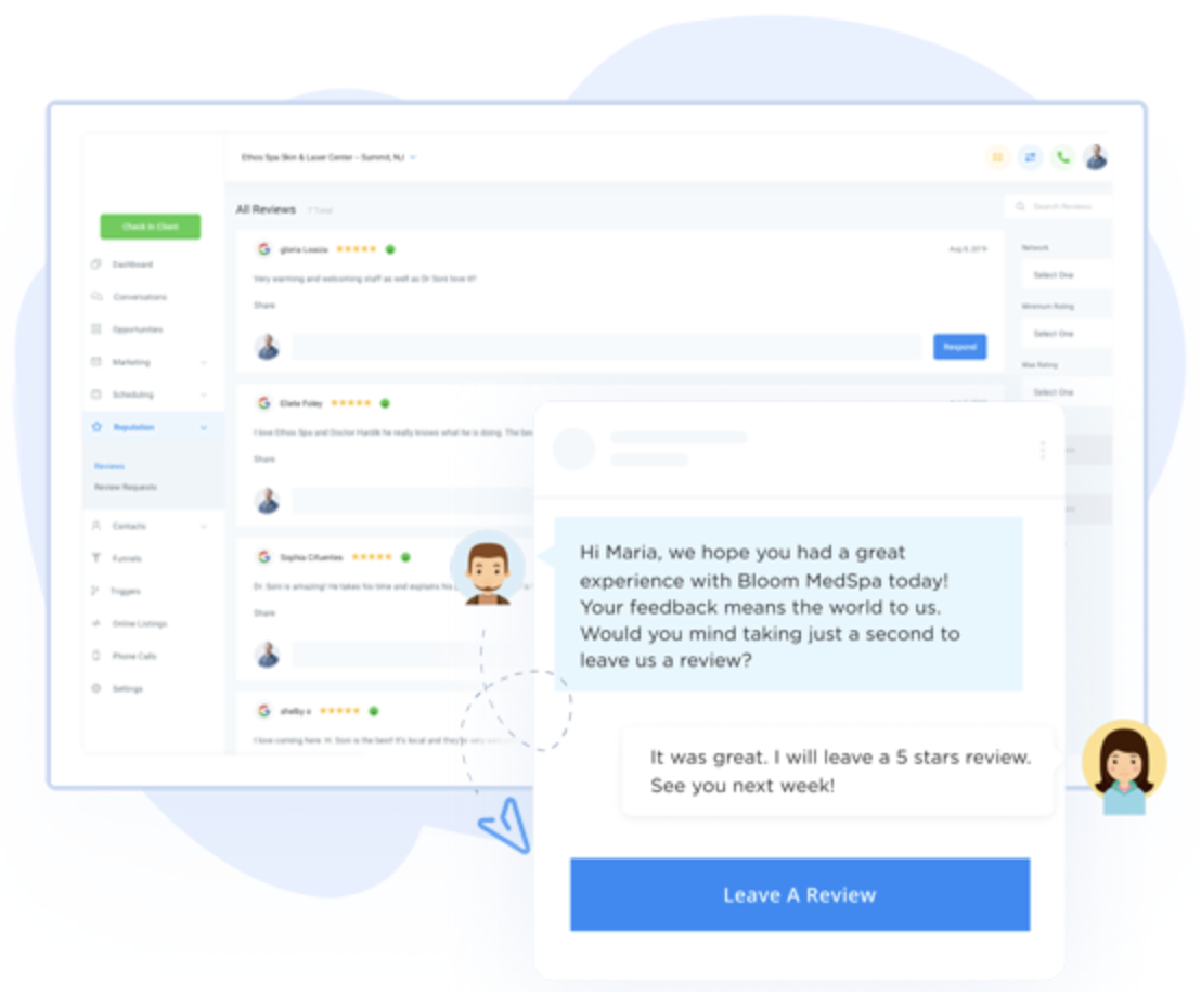 Reviews dashboard with an automated text asking a happy customer to leave a five star review