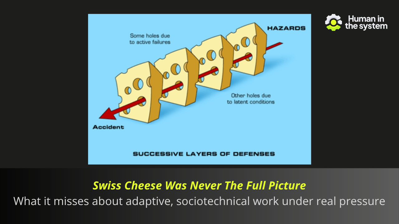 Reason's model opened the door to systems thinking. But linear barrier models miss how adaptive, sociotechnical work actually fails. Be better than yesterday by using frameworks that match the complexity of your system.