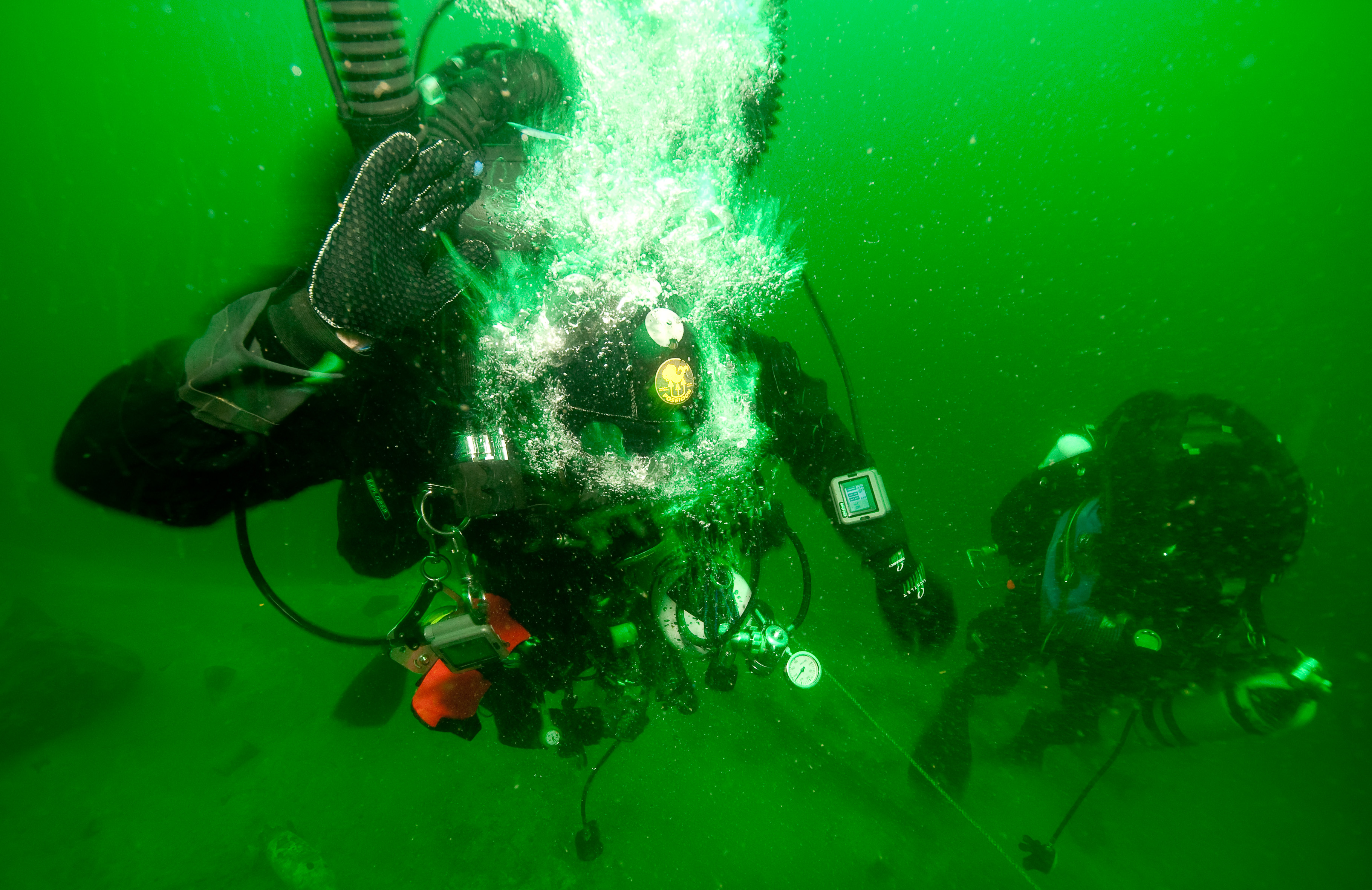 A Diver blowing bubbles