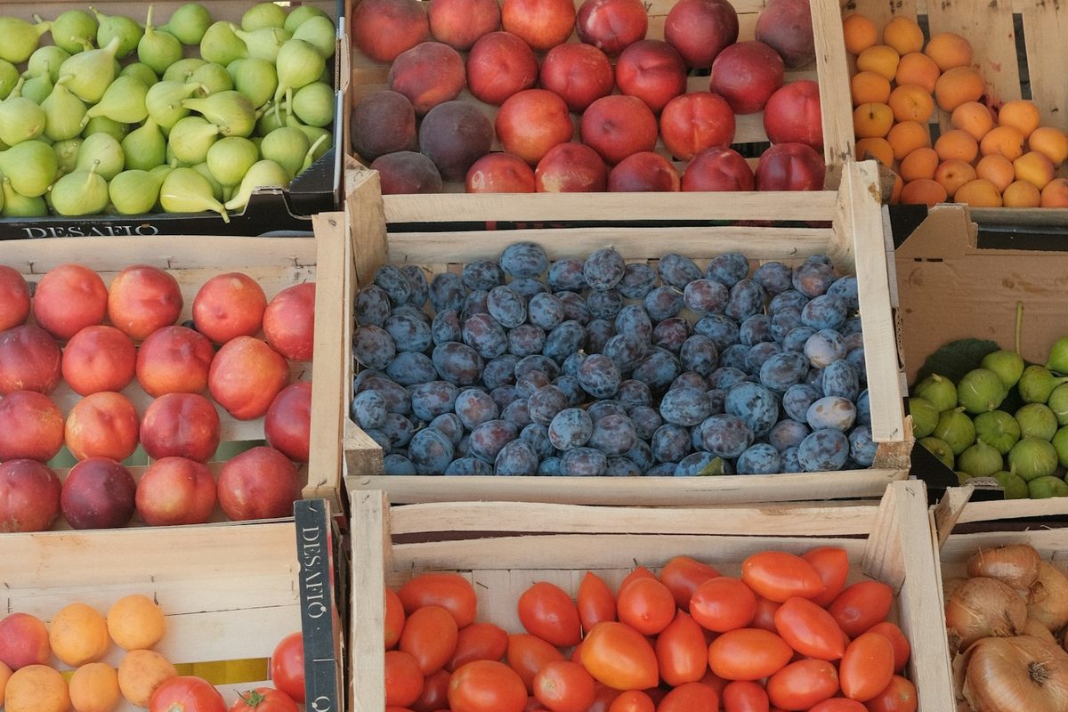 Crates of fruit at an outdoor market