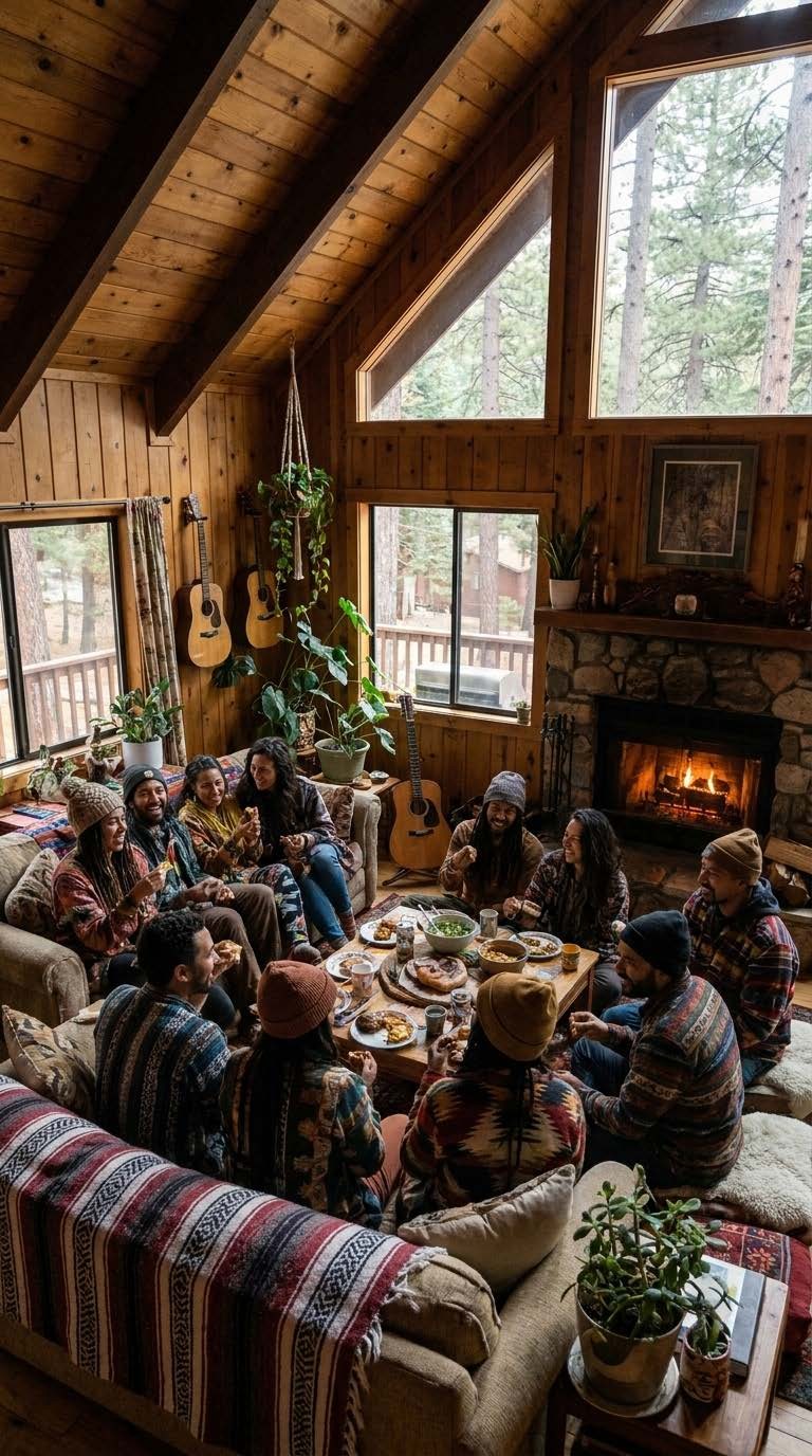 Group gathered around the fireplace in the cabin's great room