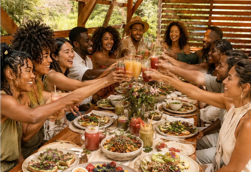 Guests toasting at a shared vegan feast