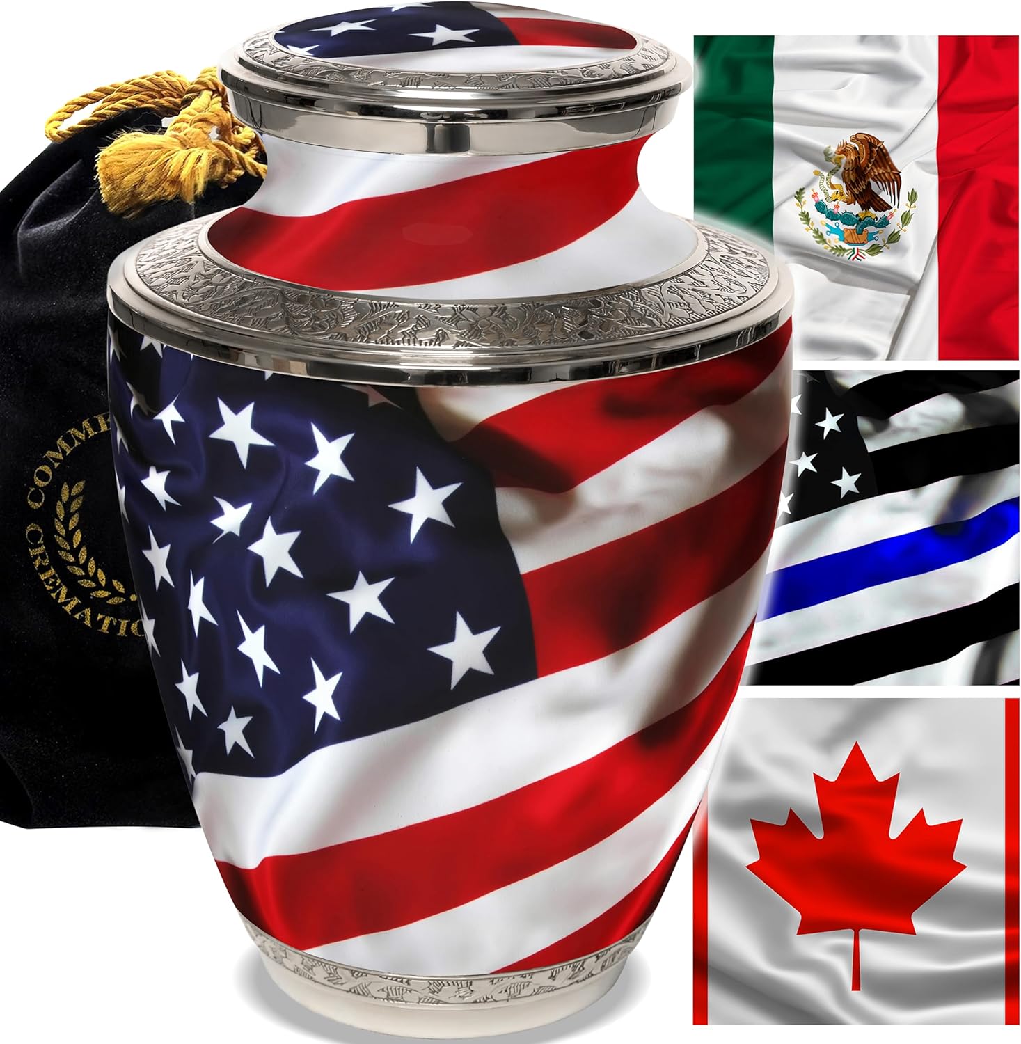 Patriotic veteran cremation urn with American flag design