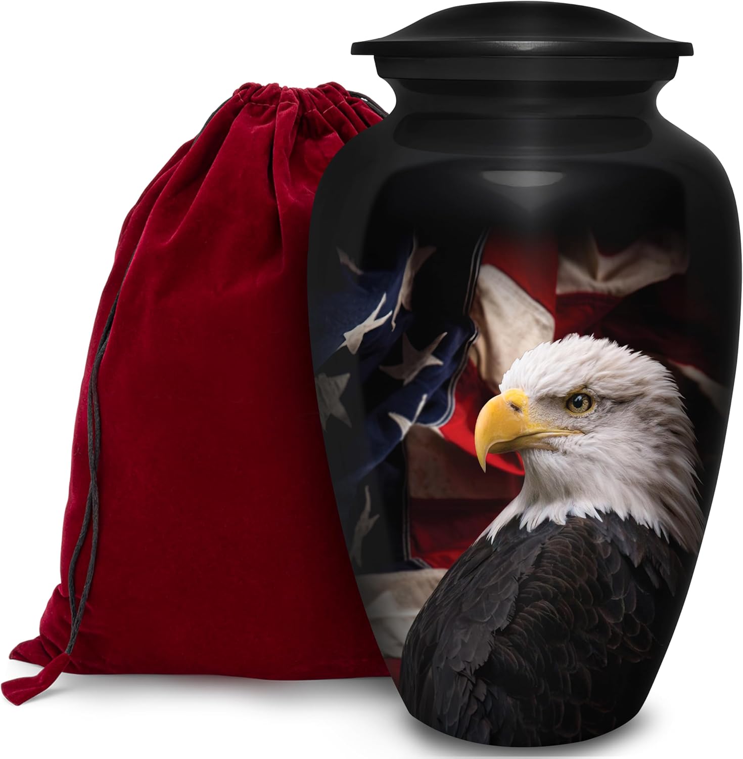 Patriotic eagle cremation urn with American flag design