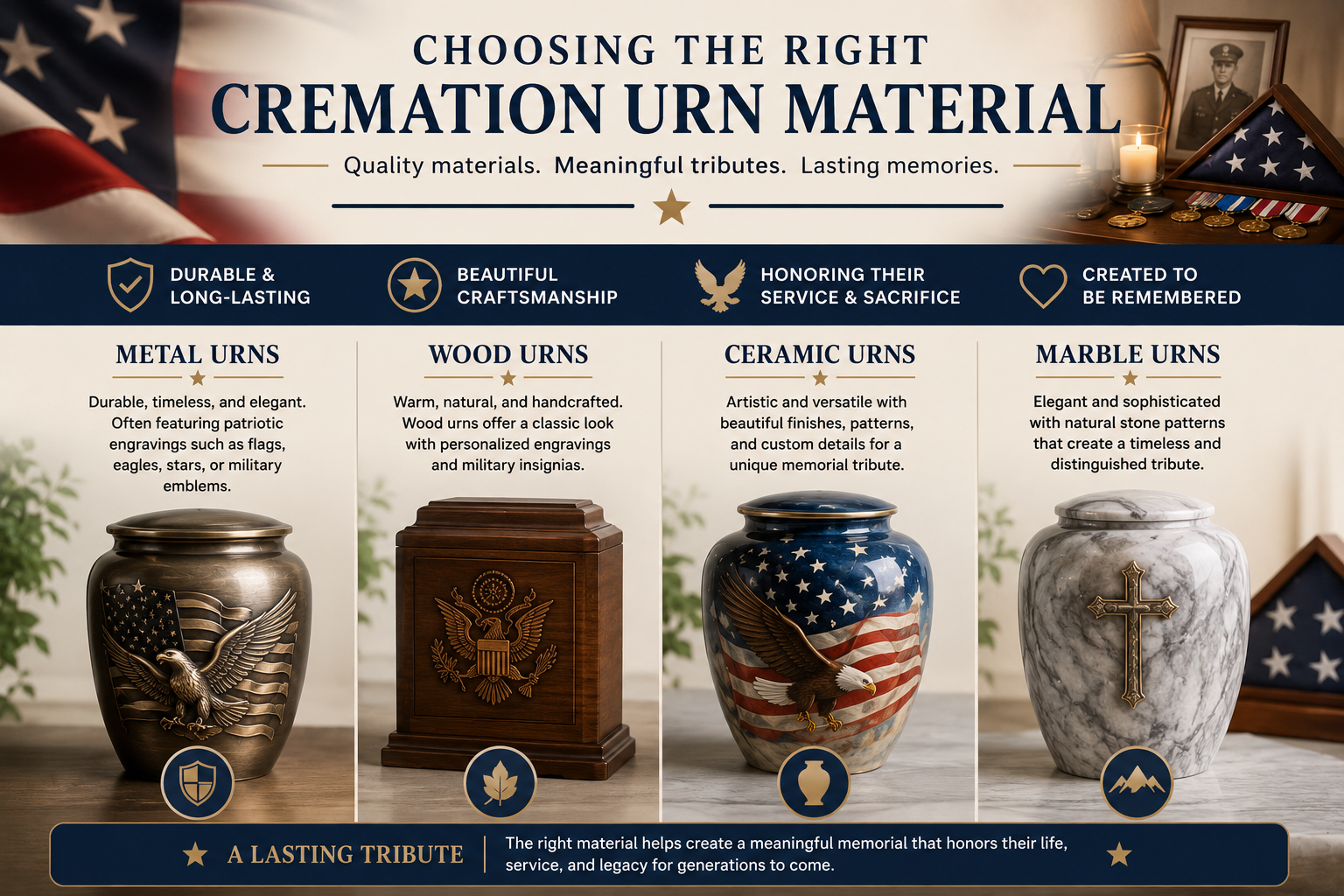 Veteran cremation urn material guide showing metal, wood, ceramic, and marble urn options for military memorial tributes Veteran cremation urn material guide showing metal, wood, ceramic, and marble urn options for military memorial tributes