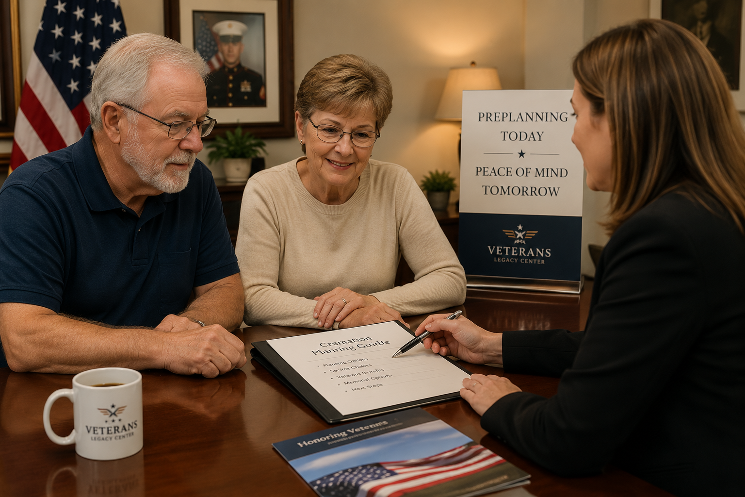 Veteran family discussing cremation preplanning options Veteran family discussing cremation preplanning options