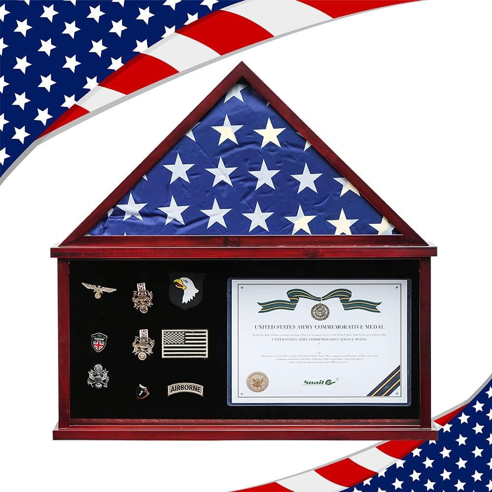 Military veteran flag and certificate display case with mahogany finish