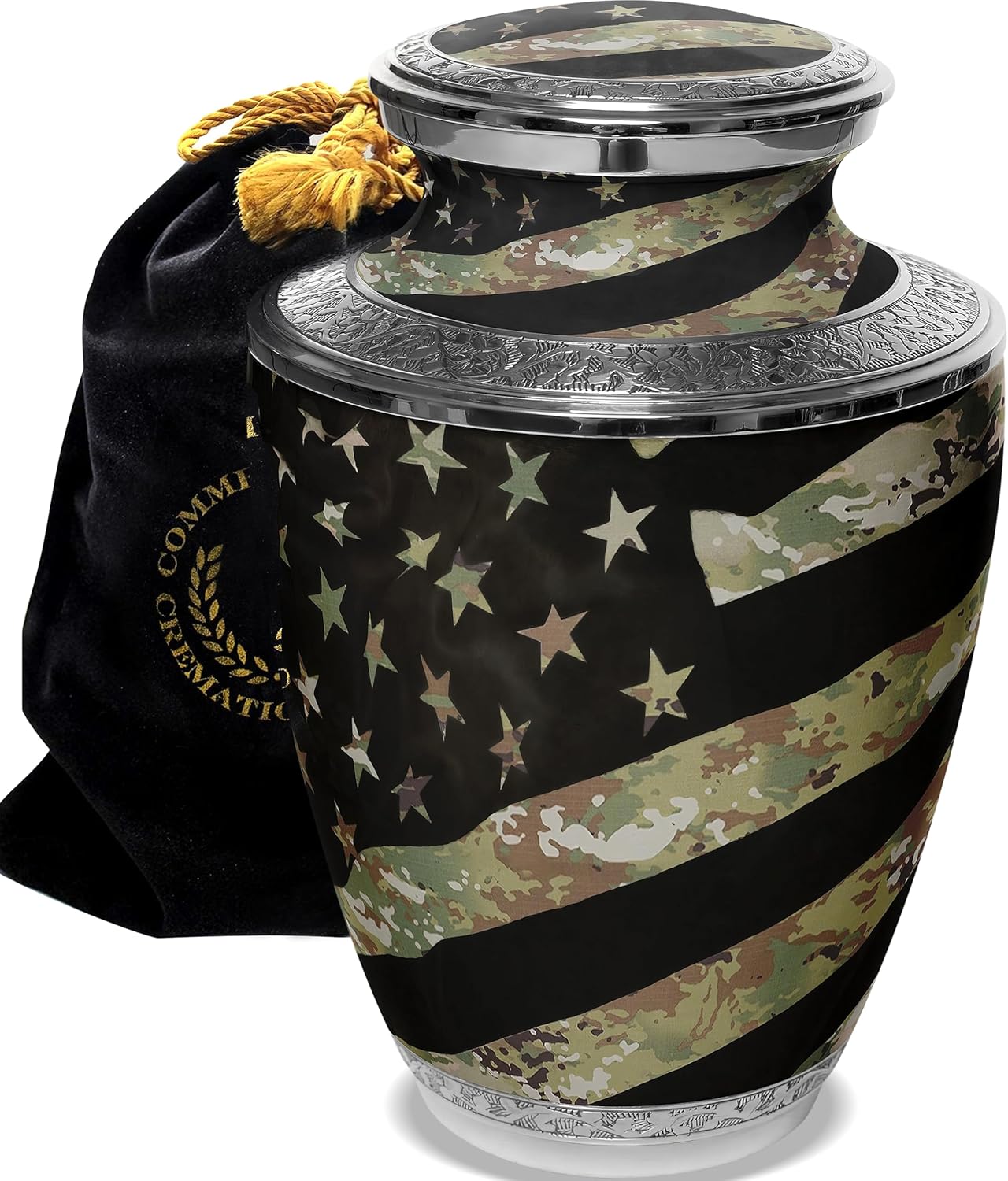 Military veteran camouflage cremation urn with patriotic memorial design