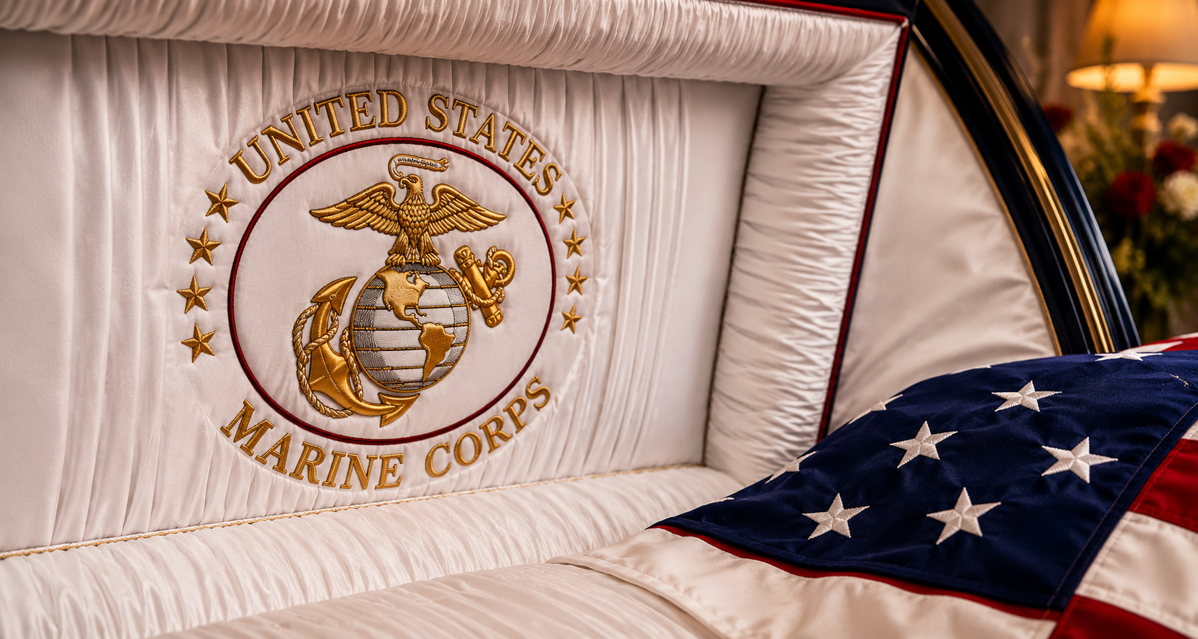 United States Marine Corps embroidered memorial panel inside a patriotic military casket for veterans United States Marine Corps embroidered memorial panel inside a patriotic military casket for veterans