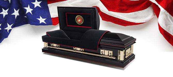 United States Marine Corps patriotic military casket for veterans with embroidered memorial panel United States Marine Corps patriotic military casket for veterans with embroidered memorial panel