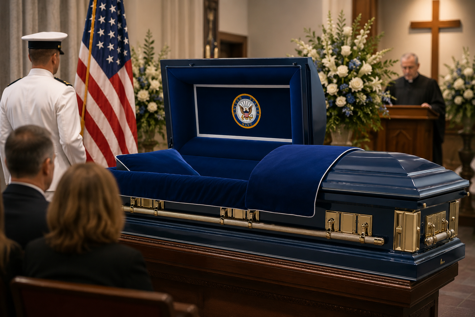 United States Navy military casket displayed during a veteran funeral service with military honors United States Navy military casket displayed during a veteran funeral service with military honors