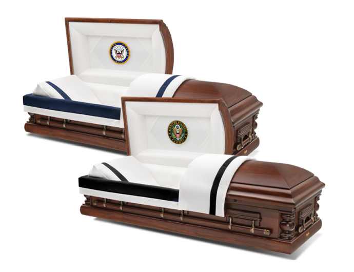 Patriotic hardwood military caskets for veterans with branch-specific memorial panels Patriotic hardwood military caskets for veterans with branch-specific memorial panels