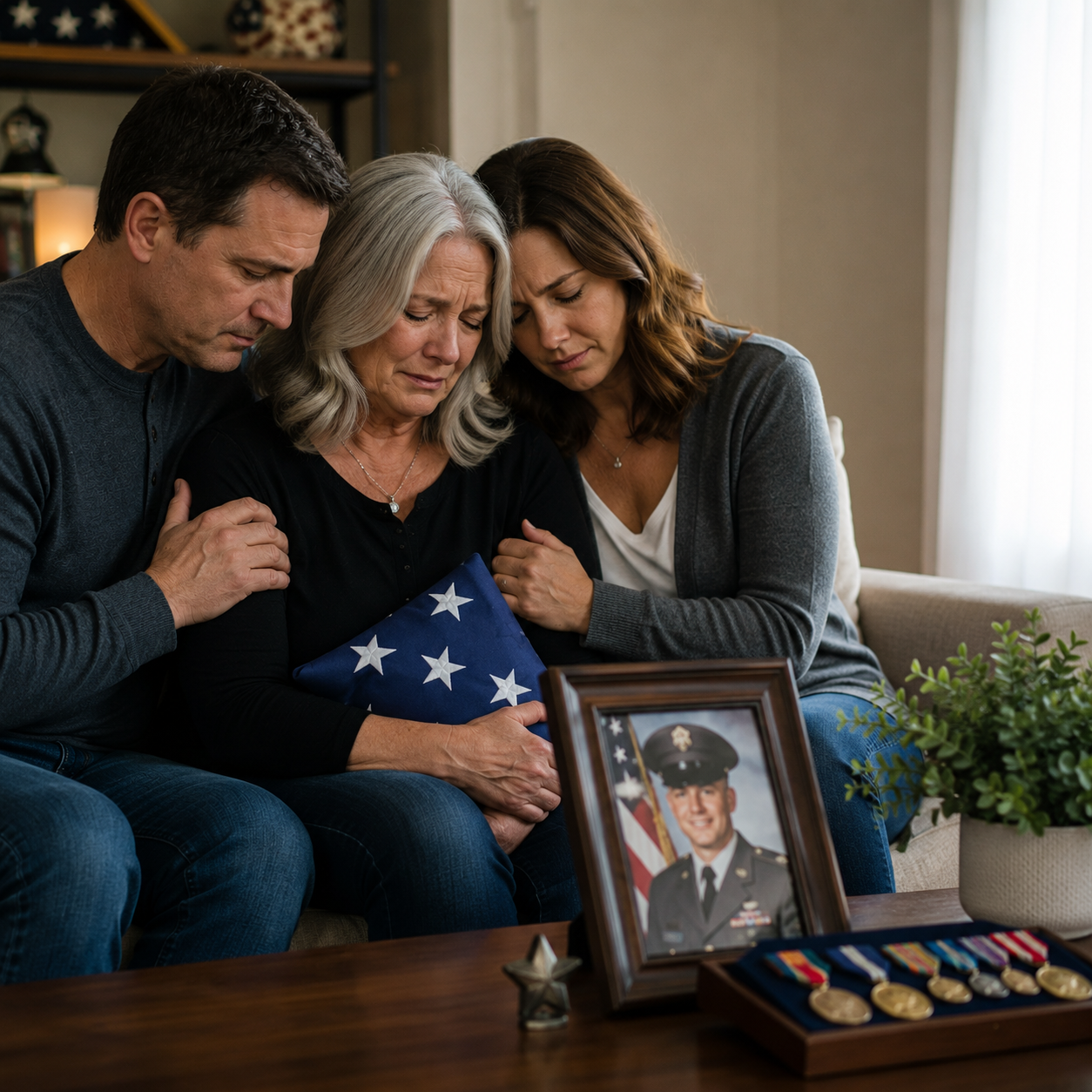 Family mourning the loss of a veteran and finding comfort together while remembering their loved one's military service. Family mourning the loss of a veteran and finding comfort together while remembering their loved one's military service.