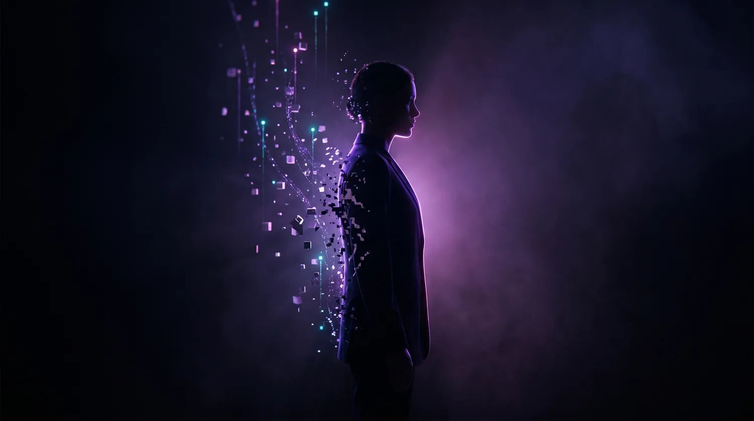 Silhouette dissolving into digital particles — your AI digital twin