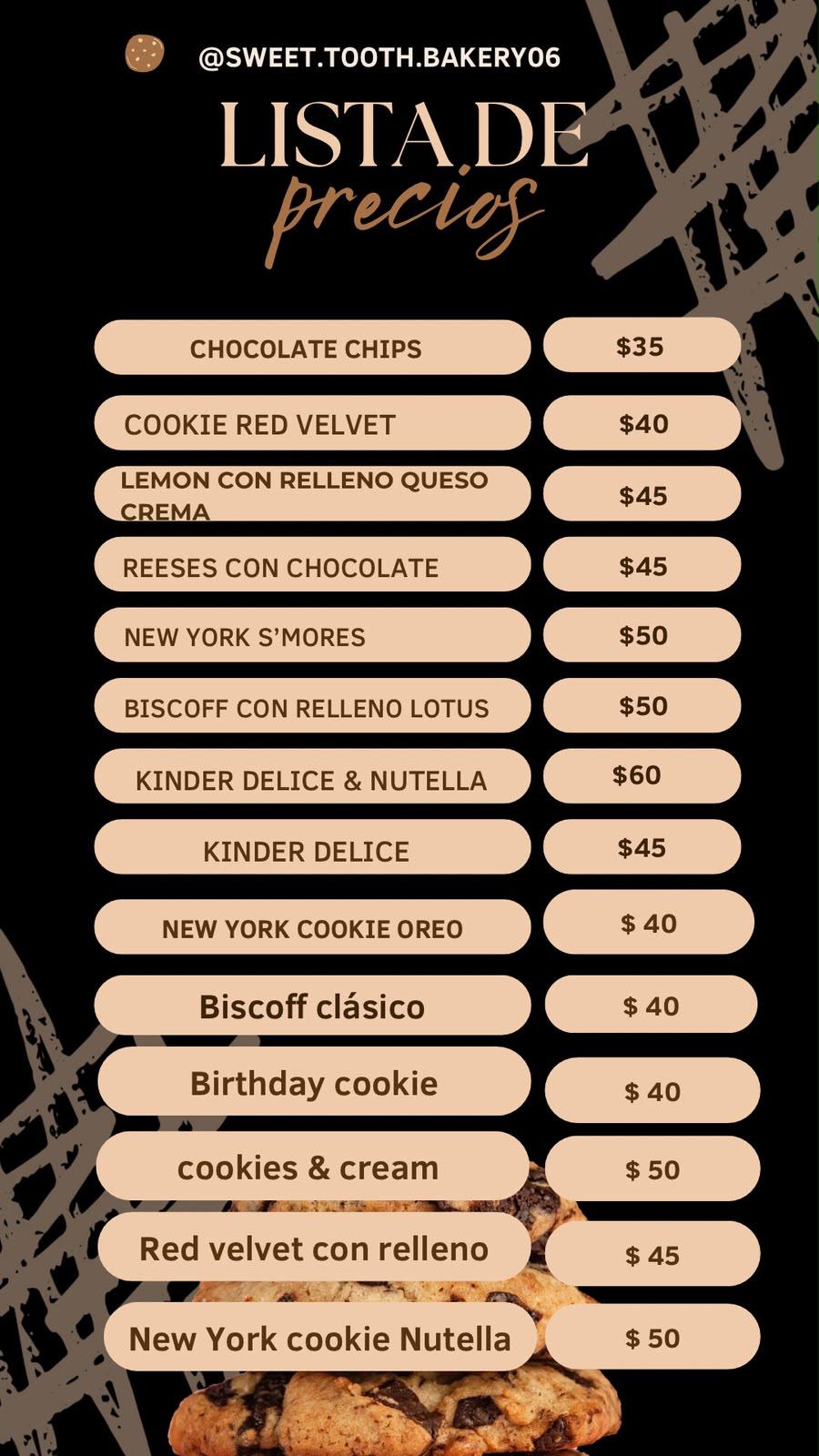 Lista de precios de galletas artesanales de Sweet Tooth Bakery by Roxx