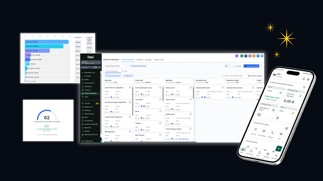 Vista de Dex CRM: oportunidades de venta, reportes y aplicación móvil