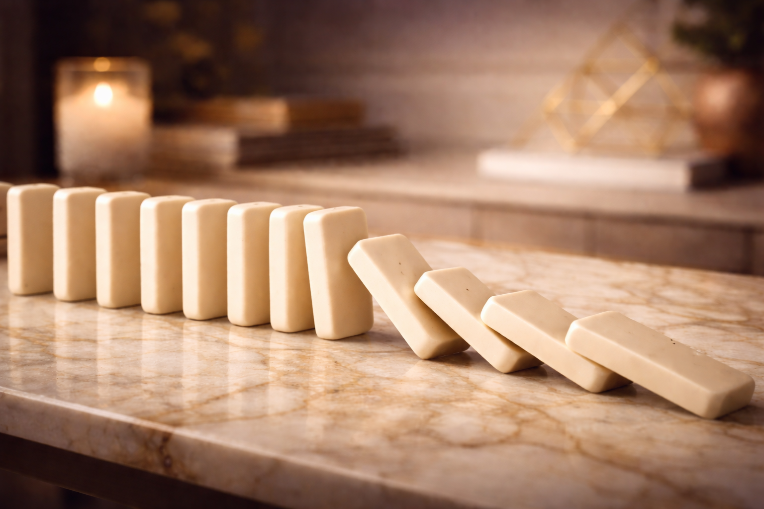 Domino chain reaction on a marble surface symbolizing architectural misalignment in a consulting business, a structural issue Eva Alexandre helps established consultants identify and redesign business structure to help expand and enjoy life..