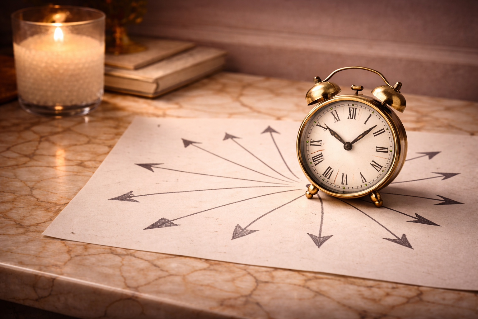 Elegant brass clock placed on a paper with arrows pointing in many directions, illustrating decision pressure and time constraints in consulting businesses. Eva Alexandre works with established consultants to redesign their business architecture so decisions come from alignment rather than fear.