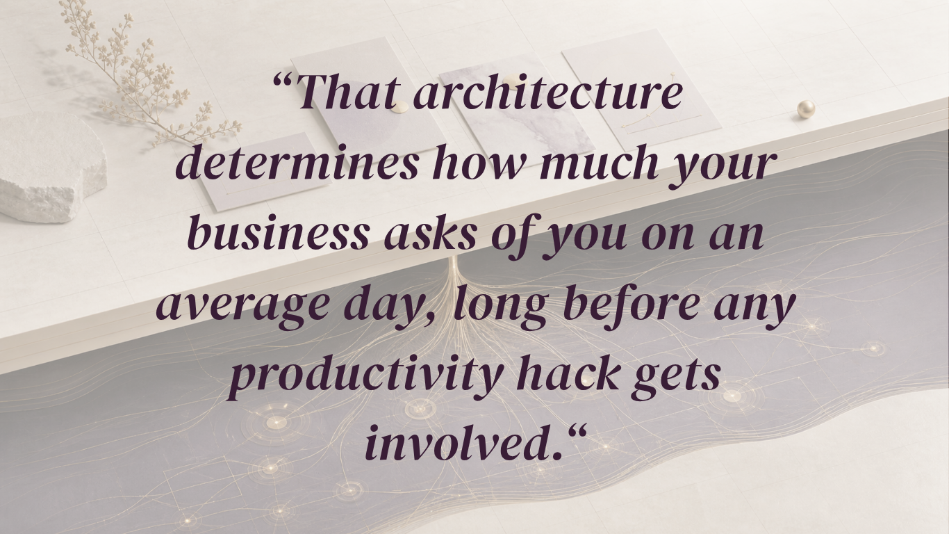 Quote by Eva Alexandre: That architecture determines how much your business asks of you on an average day, long before any productivity hack gets involved Quote by Eva Alexandre: That architecture determines how much your business asks of you on an average day, long before any productivity hack gets involved