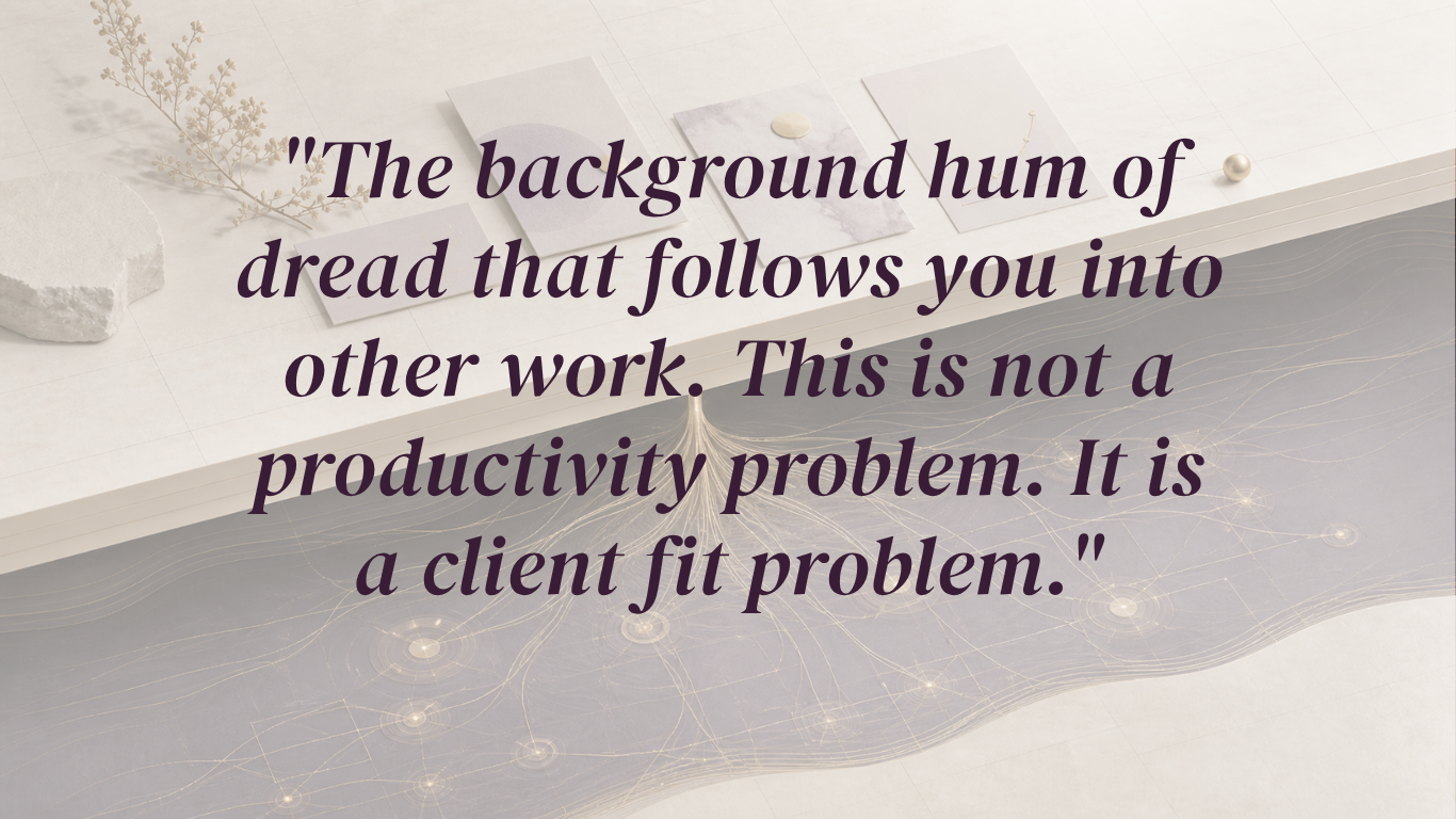 Quote by Eva Alexandre, consulting business strategist: "The background hum of dread that follows you into other work. This is not a productivity problem. It is a client fit problem." — on the mental load of carrying misaligned clients and how it shows up beyond the hours you bill. Quote by Eva Alexandre, consulting business strategist: "The background hum of dread that follows you into other work. This is not a productivity problem. It is a client fit problem." — on the mental load of carrying misaligned clients and how it shows up beyond the hours you bill.