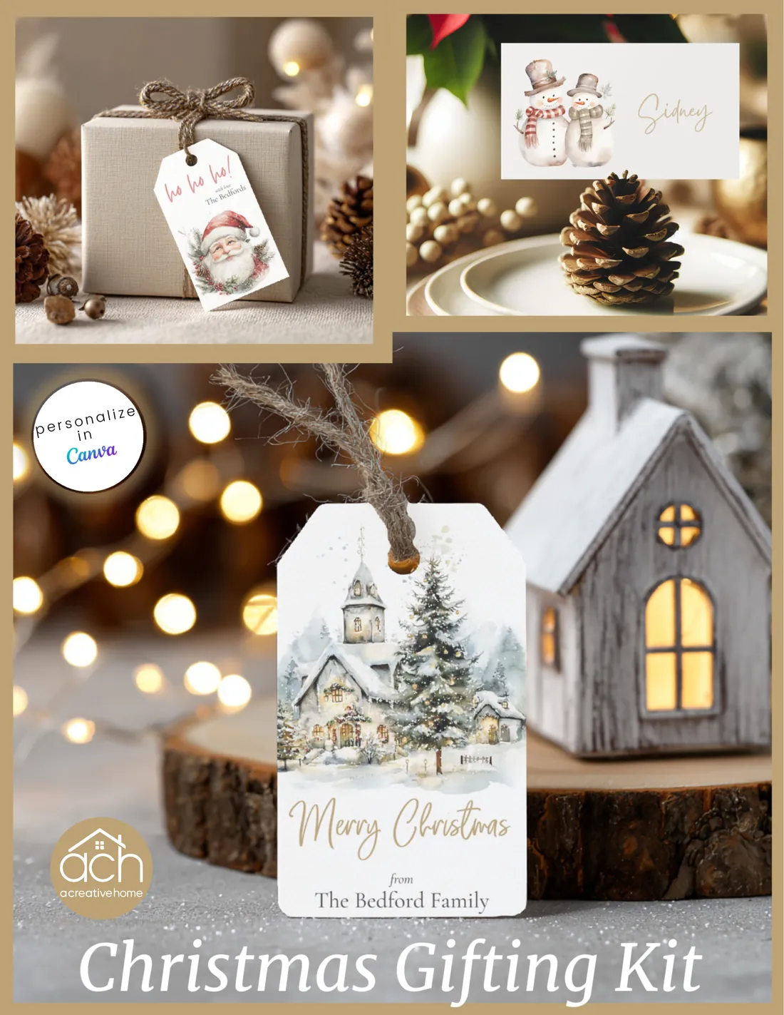 Christmas Gifting Kit cover: a Santa gift tag on a wrapped box, a snowman place card on a dinner plate, and a Village gift tag, with a Personalize in Canva badge