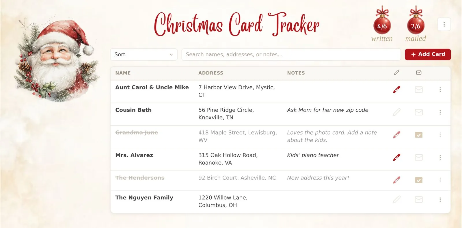 The Christmas Card Tracker in the Santa style, with names, addresses, notes and written and mailed checkmarks