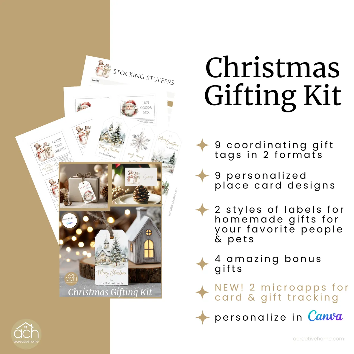 Printable pages from the Christmas Gifting Kit fanned out: gift tags, place cards, a stocking stuffer list and labels for dog treats and hot cocoa mix