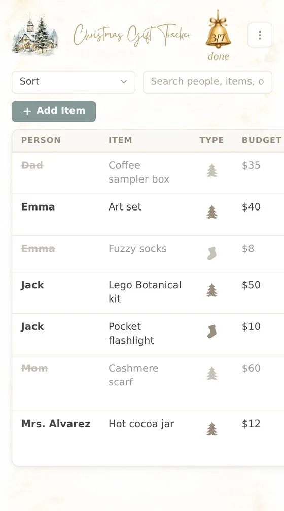 The Christmas Gift Tracker in the Village style on a phone