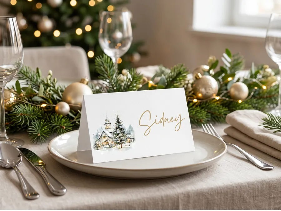 A folded place card with a watercolor snowy village and the name Sidney, on a dinner plate
